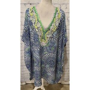 LUCKY & COCO Blue Geometric, Print Beach Boho Swim Beaded Neckline Coverup XL